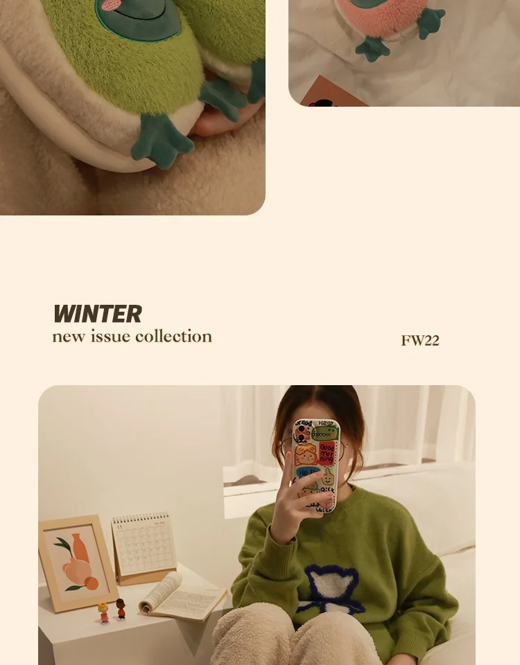 2022 Winter Slippers Women Men Home Floor Shoes Cute Frog Keep Warm Soft Plush Couples Indoor Slides Ladies Cotton Footwear