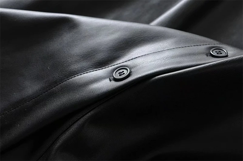 KEYANKETIAN Women's Faux Leather Dress Fall New Puff Sleeve Lapel Black PU Leather Three-quarter Sleeve A-Line Mini Skirt