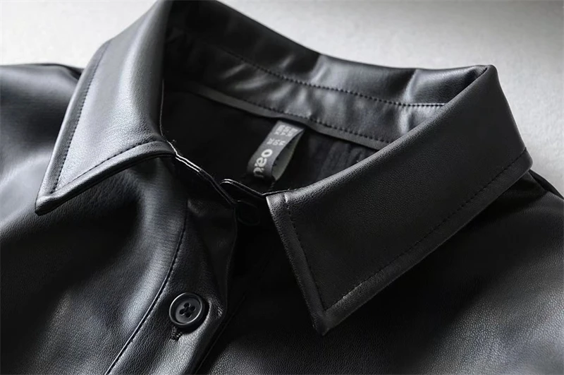 KEYANKETIAN Women's Faux Leather Dress Fall New Puff Sleeve Lapel Black PU Leather Three-quarter Sleeve A-Line Mini Skirt