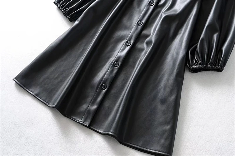 KEYANKETIAN Women's Faux Leather Dress Fall New Puff Sleeve Lapel Black PU Leather Three-quarter Sleeve A-Line Mini Skirt