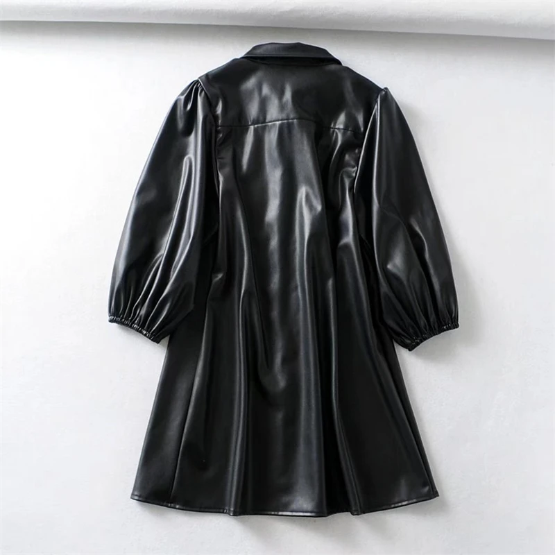 KEYANKETIAN Women's Faux Leather Dress Fall New Puff Sleeve Lapel Black PU Leather Three-quarter Sleeve A-Line Mini Skirt
