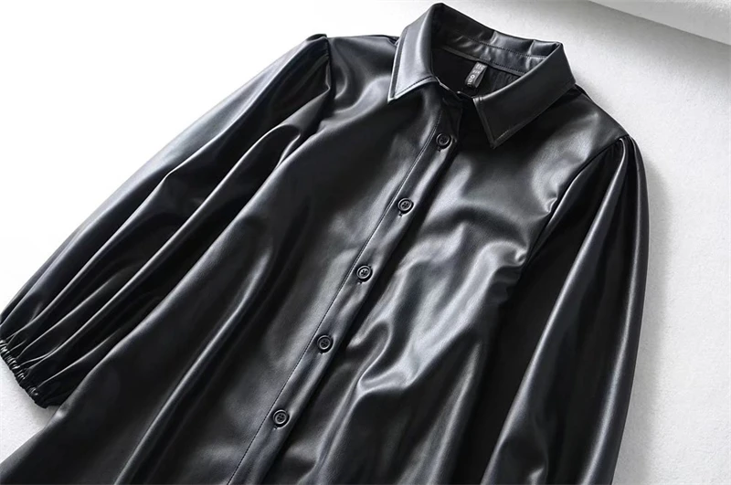 KEYANKETIAN Women's Faux Leather Dress Fall New Puff Sleeve Lapel Black PU Leather Three-quarter Sleeve A-Line Mini Skirt