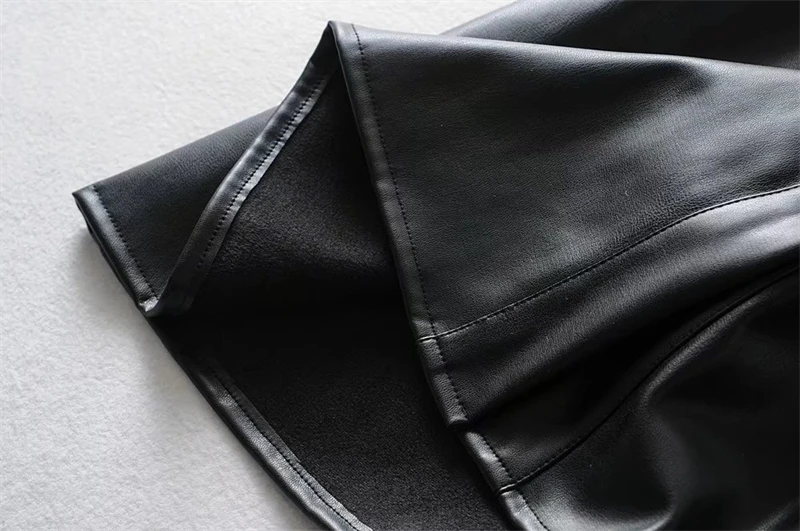 KEYANKETIAN Women's Faux Leather Dress Fall New Puff Sleeve Lapel Black PU Leather Three-quarter Sleeve A-Line Mini Skirt
