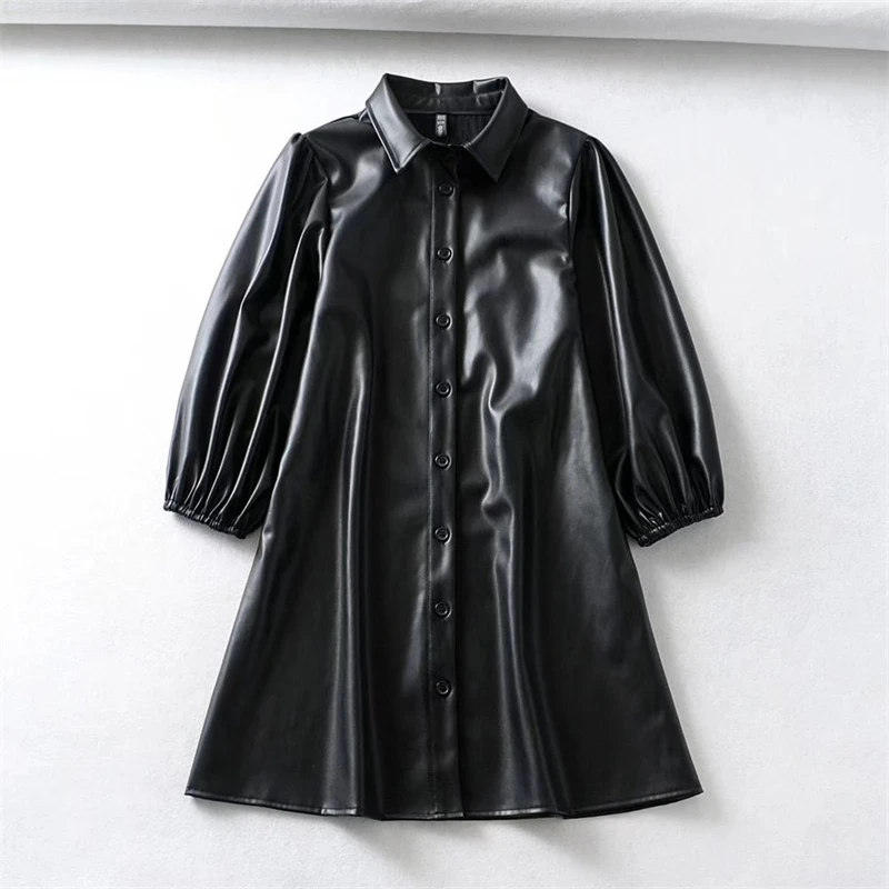 KEYANKETIAN Women's Faux Leather Dress Fall New Puff Sleeve Lapel Black PU Leather Three-quarter Sleeve A-Line Mini Skirt