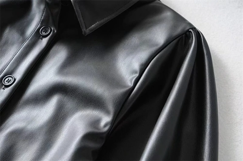KEYANKETIAN Women's Faux Leather Dress Fall New Puff Sleeve Lapel Black PU Leather Three-quarter Sleeve A-Line Mini Skirt