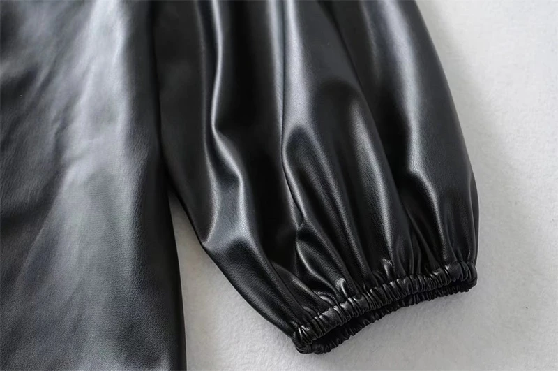 KEYANKETIAN Women's Faux Leather Dress Fall New Puff Sleeve Lapel Black PU Leather Three-quarter Sleeve A-Line Mini Skirt