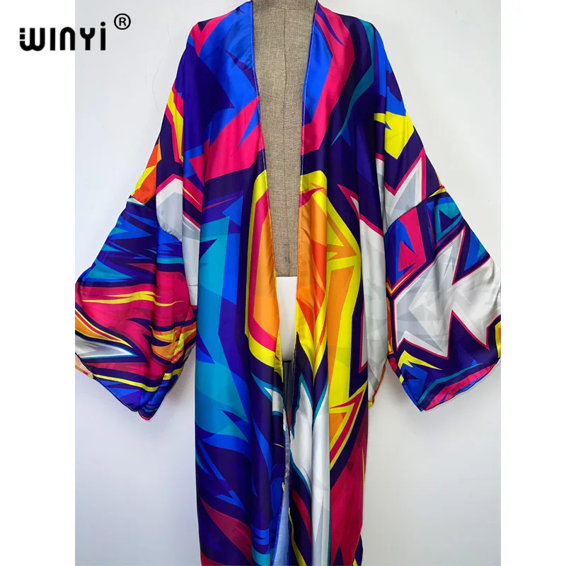 WINYI bright Geometric printing sweet lady beach Cardigan Cover-up stitch Cocktail Boho Maxi Holiday party long Sleeve kimono
