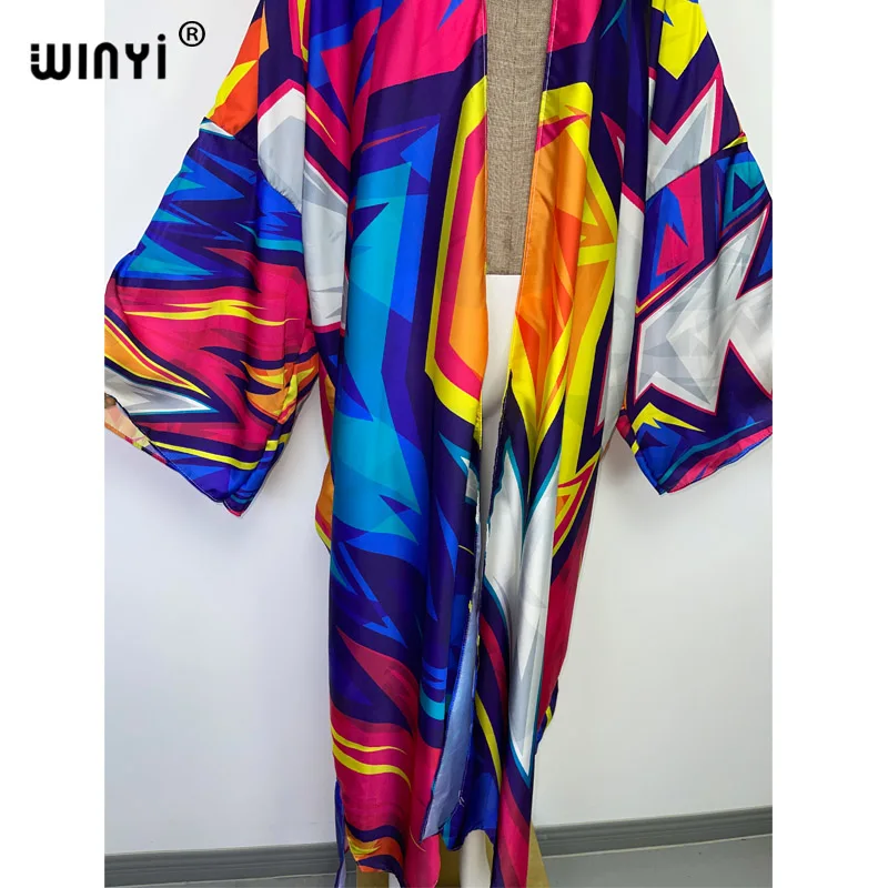 WINYI bright Geometric printing sweet lady beach Cardigan Cover-up stitch Cocktail Boho Maxi Holiday party long Sleeve kimono