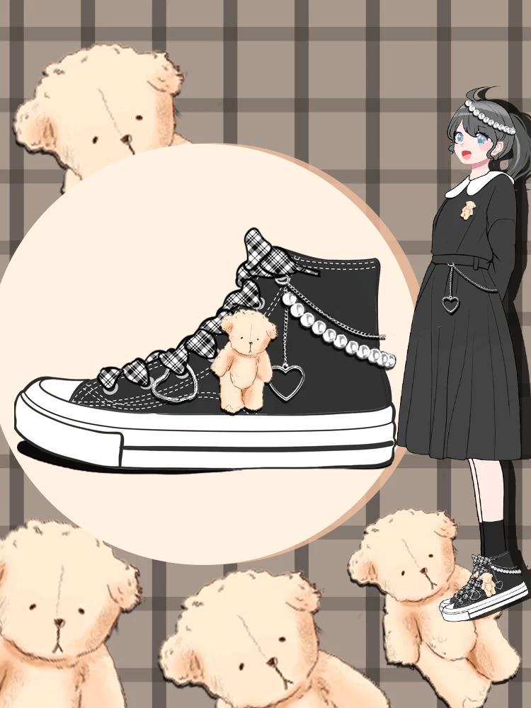 Amy and Michael Sweet Lovely Girls Students Casual Tennis Sneakers Kawaii Anime Bear Dolls Hand Made Cavas Shoes Women High Tops