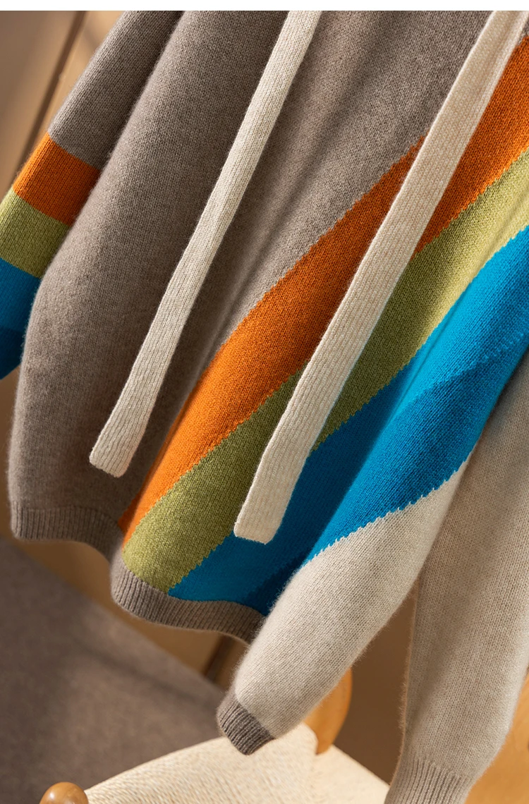 Autumn/Winter 2022 new rainbow inlaid loose and thick hooded 100% pure cashmere sweater women's hoodie long sleeve