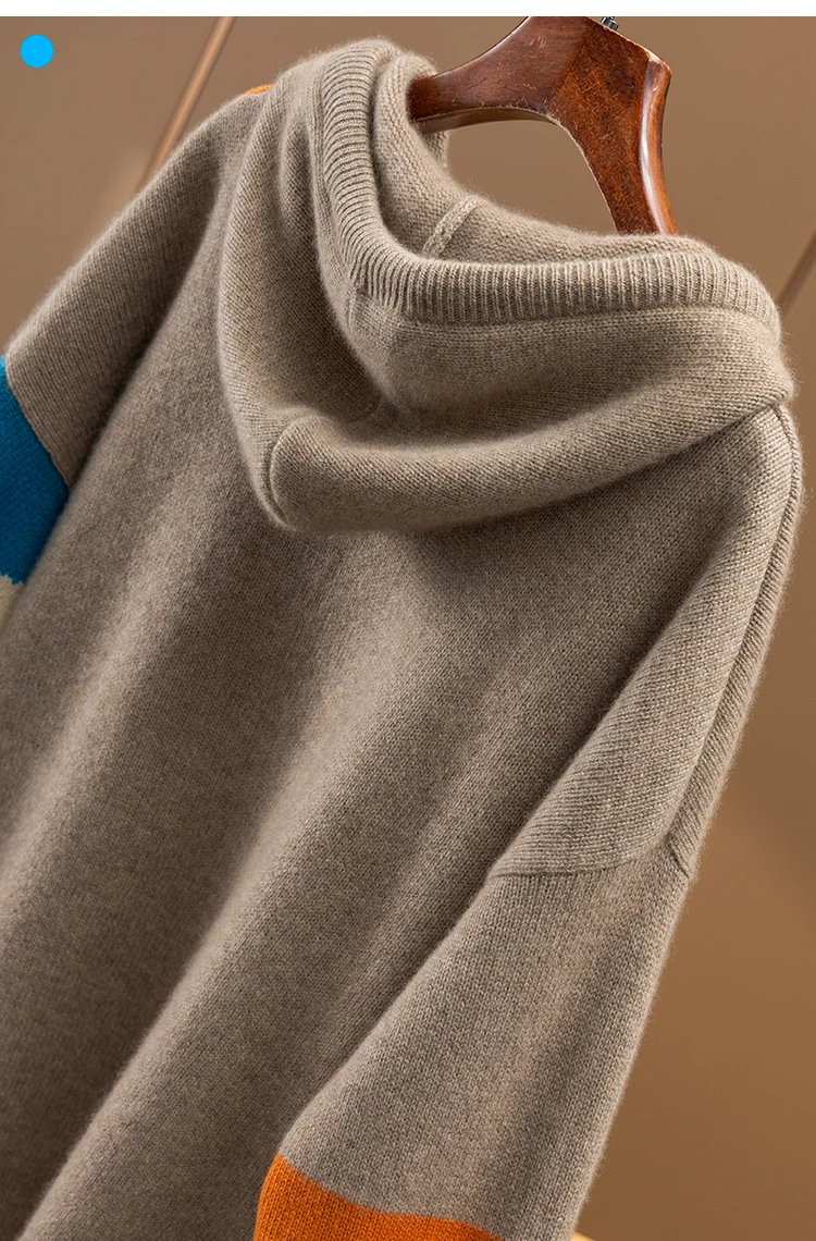 Autumn/Winter 2022 new rainbow inlaid loose and thick hooded 100% pure cashmere sweater women's hoodie long sleeve