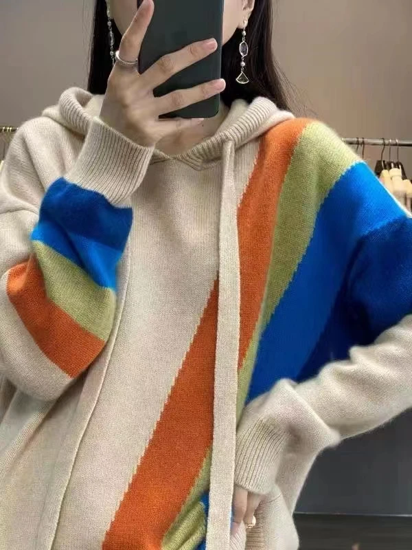 Autumn/Winter 2022 new rainbow inlaid loose and thick hooded 100% pure cashmere sweater women's hoodie long sleeve