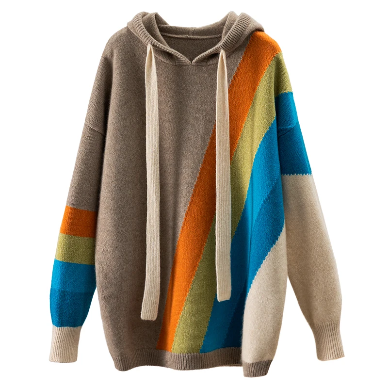 Autumn/Winter 2022 new rainbow inlaid loose and thick hooded 100% pure cashmere sweater women's hoodie long sleeve