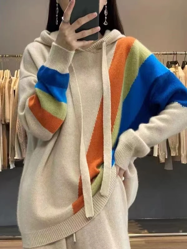 Autumn/Winter 2022 new rainbow inlaid loose and thick hooded 100% pure cashmere sweater women's hoodie long sleeve