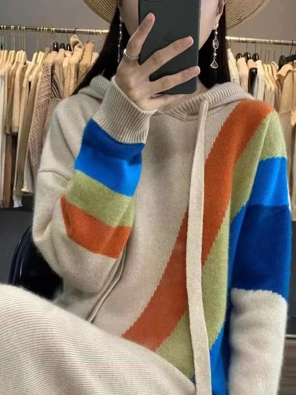 Autumn/Winter 2022 new rainbow inlaid loose and thick hooded 100% pure cashmere sweater women's hoodie long sleeve