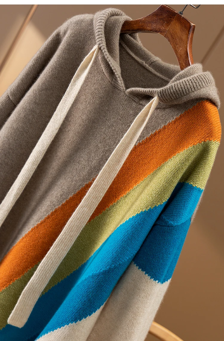 Autumn/Winter 2022 new rainbow inlaid loose and thick hooded 100% pure cashmere sweater women's hoodie long sleeve