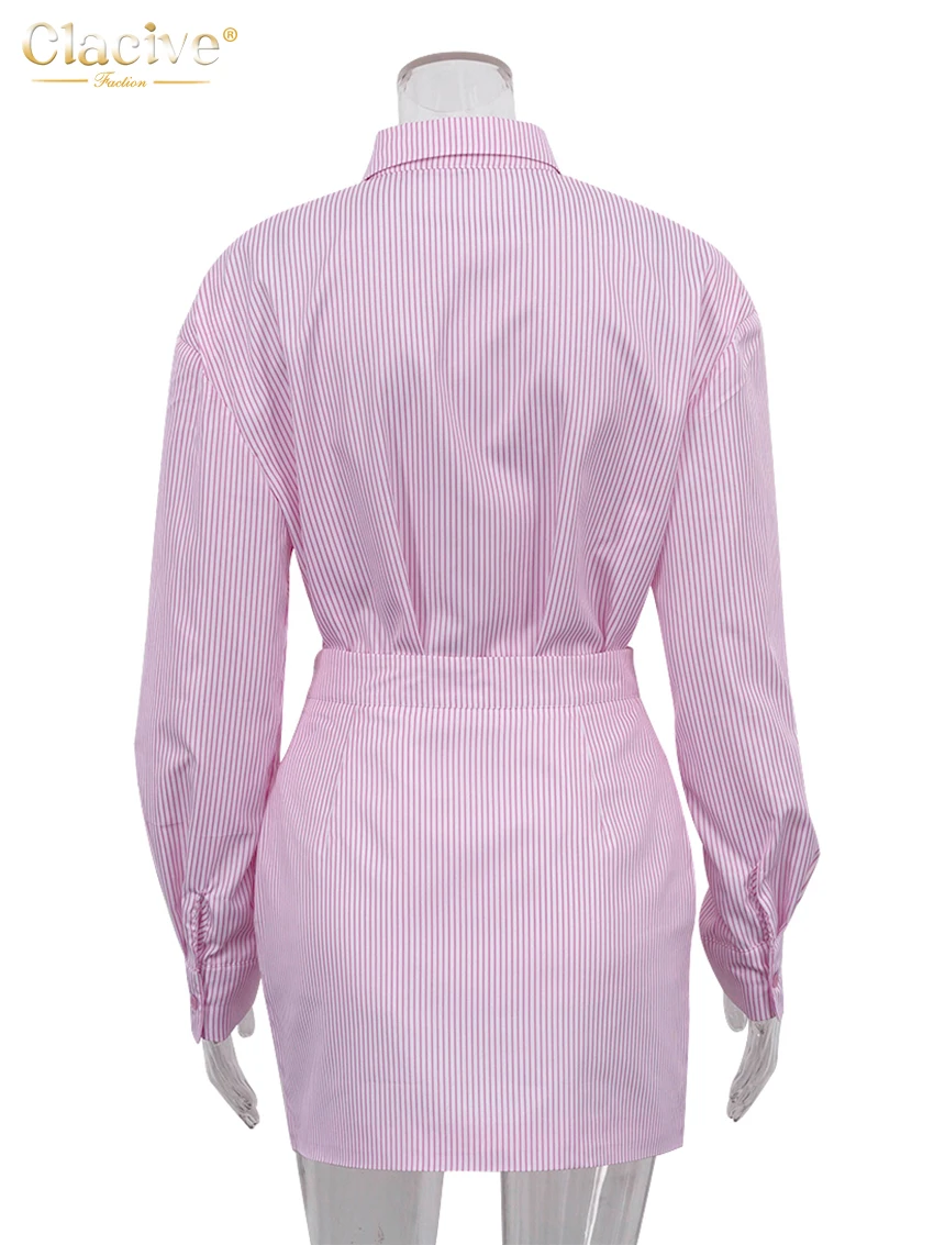 Clacive Fashion Pink Stripe Two Piece Sets Womens Outifits Autumn Sexy Long Sleeve Shirts Matching High Waist Mini Skirt Sets