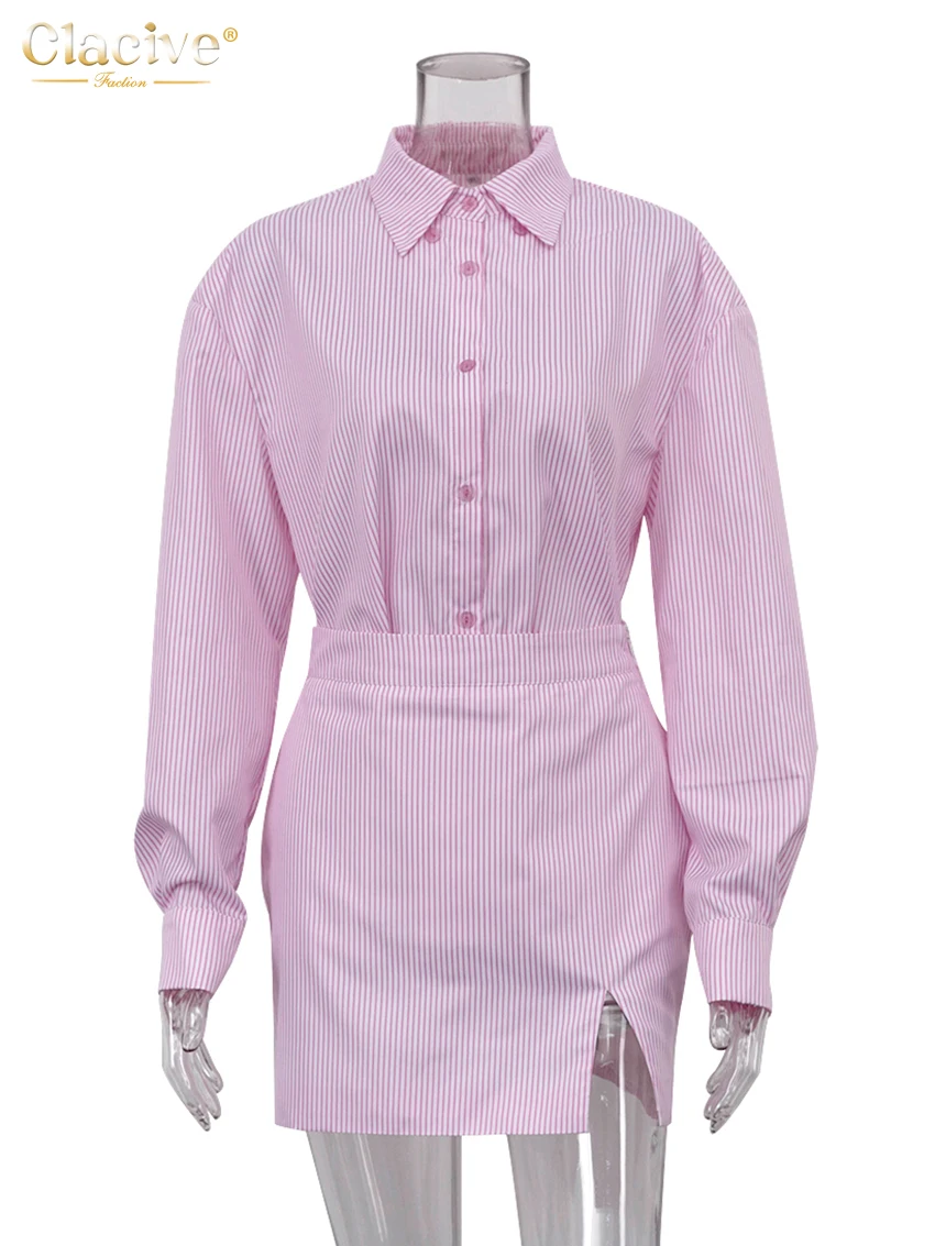 Clacive Fashion Pink Stripe Two Piece Sets Womens Outifits Autumn Sexy Long Sleeve Shirts Matching High Waist Mini Skirt Sets