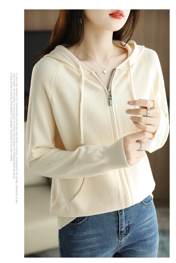 Explosions Women's Hooded Padded Long-Sleeved Sweater Cardigan Sweater Coat Beige Loose Zipper Coat Jacket