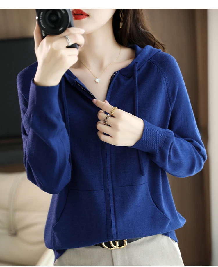 Explosions Women's Hooded Padded Long-Sleeved Sweater Cardigan Sweater Coat Beige Loose Zipper Coat Jacket