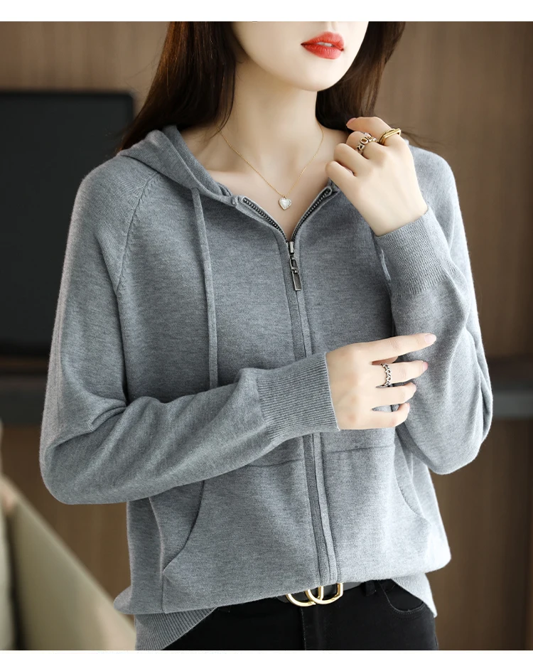 Explosions Women's Hooded Padded Long-Sleeved Sweater Cardigan Sweater Coat Beige Loose Zipper Coat Jacket