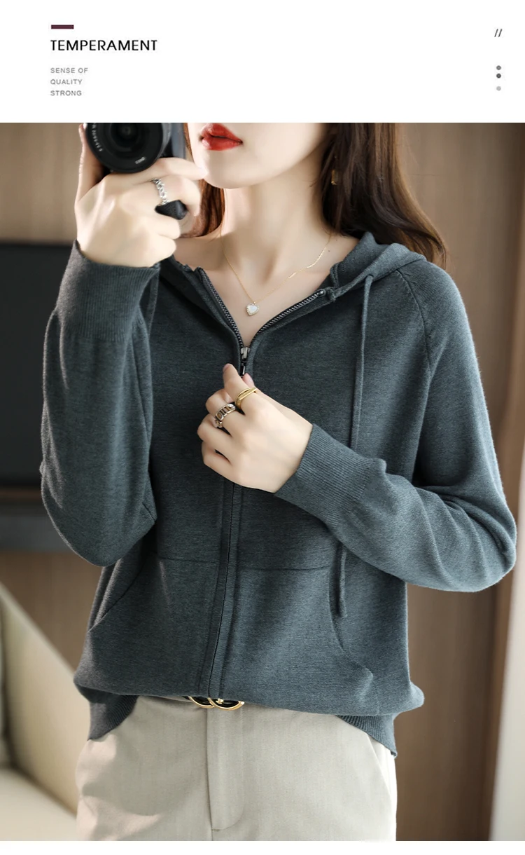 Explosions Women's Hooded Padded Long-Sleeved Sweater Cardigan Sweater Coat Beige Loose Zipper Coat Jacket