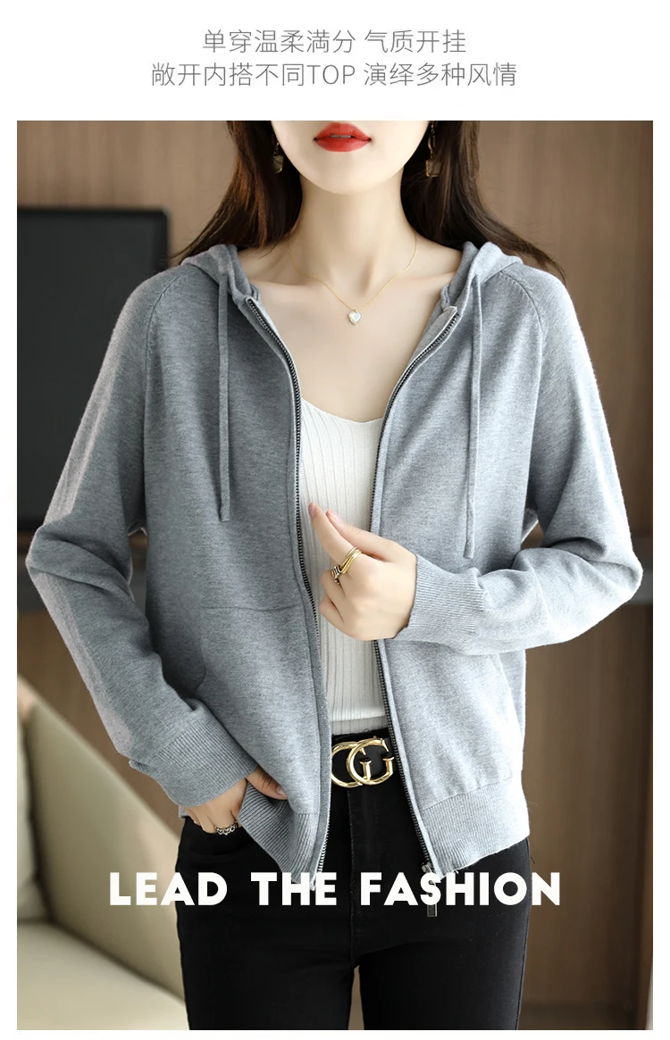 Explosions Women's Hooded Padded Long-Sleeved Sweater Cardigan Sweater Coat Beige Loose Zipper Coat Jacket