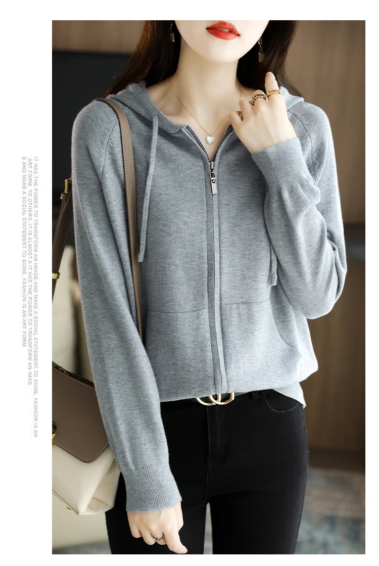 Explosions Women's Hooded Padded Long-Sleeved Sweater Cardigan Sweater Coat Beige Loose Zipper Coat Jacket