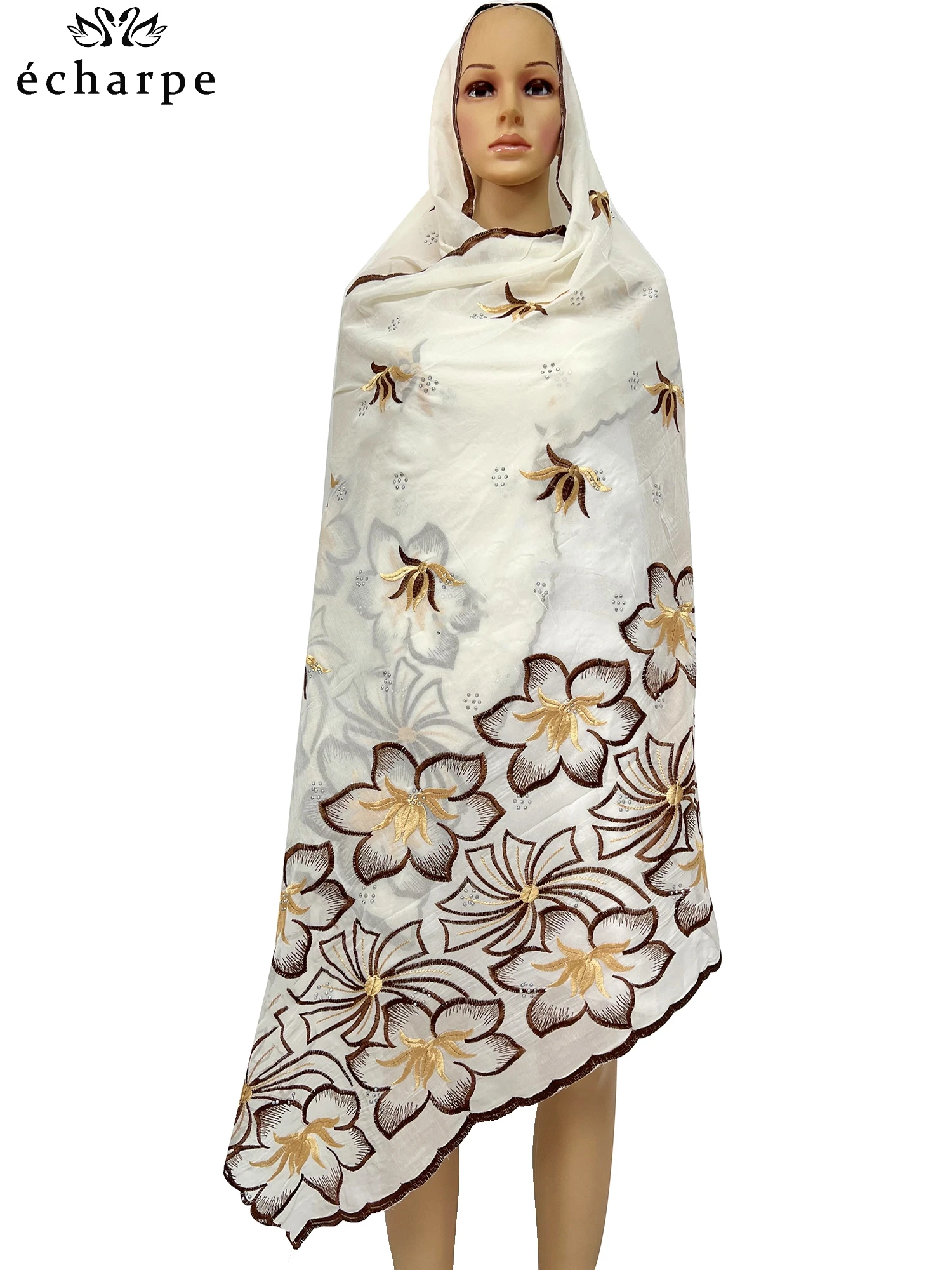 Latest Dubai Cotton Scarf Muslim Women African Cotton Hijab Islam Hijab Pashmina Turban Headscarf Embroidery Shawl