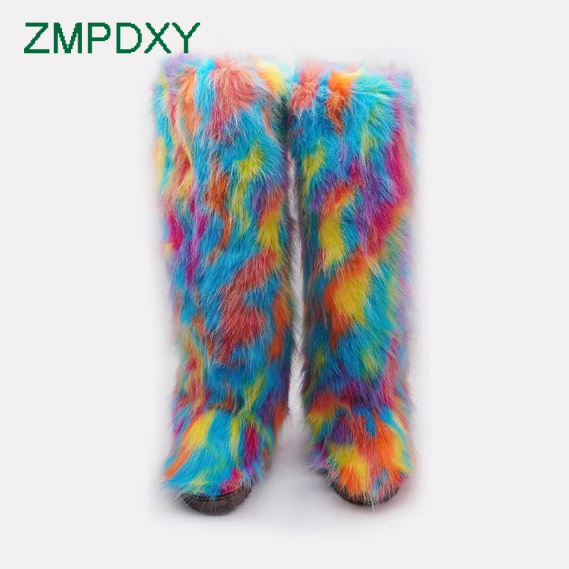 Luxury Winter Faux Fur Thigh High Snow Boots Shoes Women Men Ankle Snow Boots Fluffy Mongolian Fur Platform Snow Boots For Women