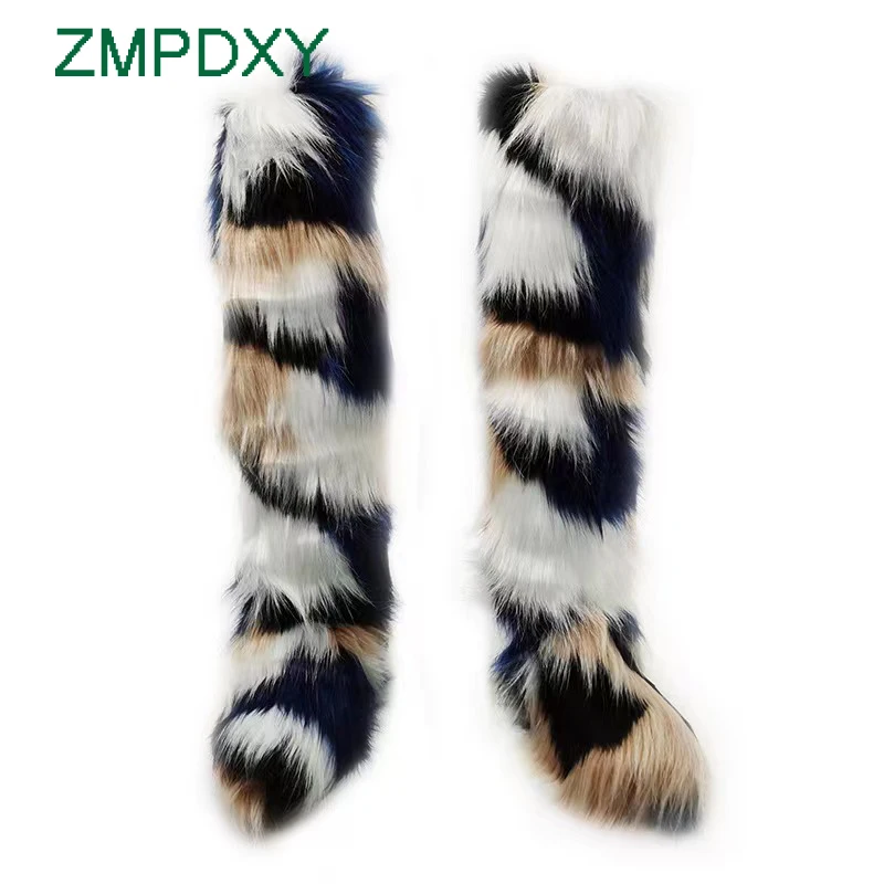 Luxury Winter Faux Fur Thigh High Snow Boots Shoes Women Men Ankle Snow Boots Fluffy Mongolian Fur Platform Snow Boots For Women
