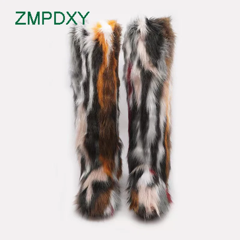 Luxury Winter Faux Fur Thigh High Snow Boots Shoes Women Men Ankle Snow Boots Fluffy Mongolian Fur Platform Snow Boots For Women