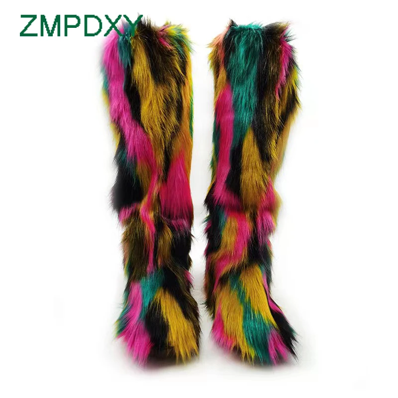 Luxury Winter Faux Fur Thigh High Snow Boots Shoes Women Men Ankle Snow Boots Fluffy Mongolian Fur Platform Snow Boots For Women