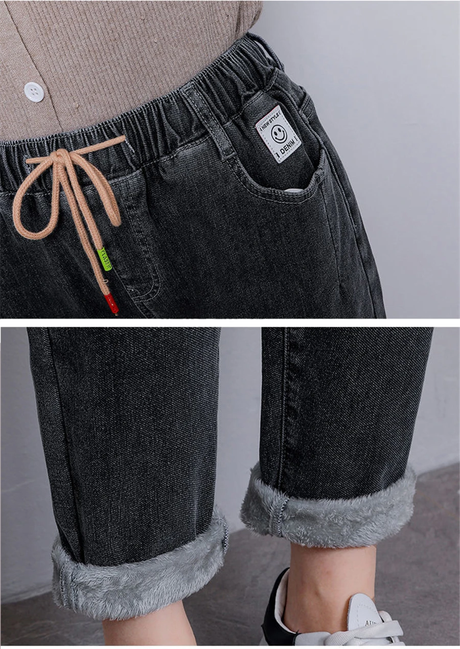 Winter Baggy Warm Fleece Lined Jeans Women Vintage Lace Up Harem Denim Pants Ankle-length Vaqueros Thicken Kot Pantalones New