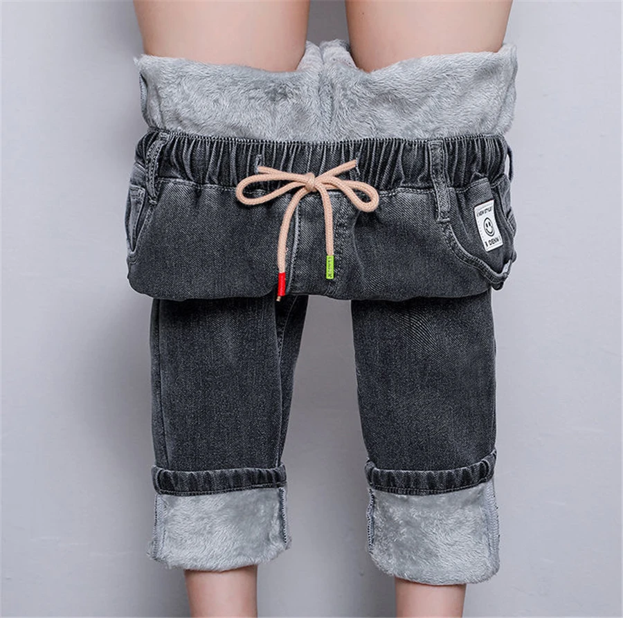 Winter Baggy Warm Fleece Lined Jeans Women Vintage Lace Up Harem Denim Pants Ankle-length Vaqueros Thicken Kot Pantalones New