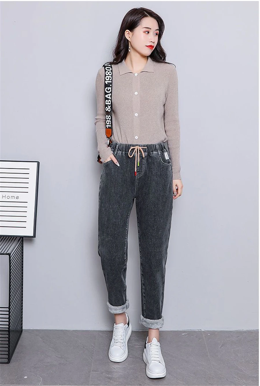 Winter Baggy Warm Fleece Lined Jeans Women Vintage Lace Up Harem Denim Pants Ankle-length Vaqueros Thicken Kot Pantalones New