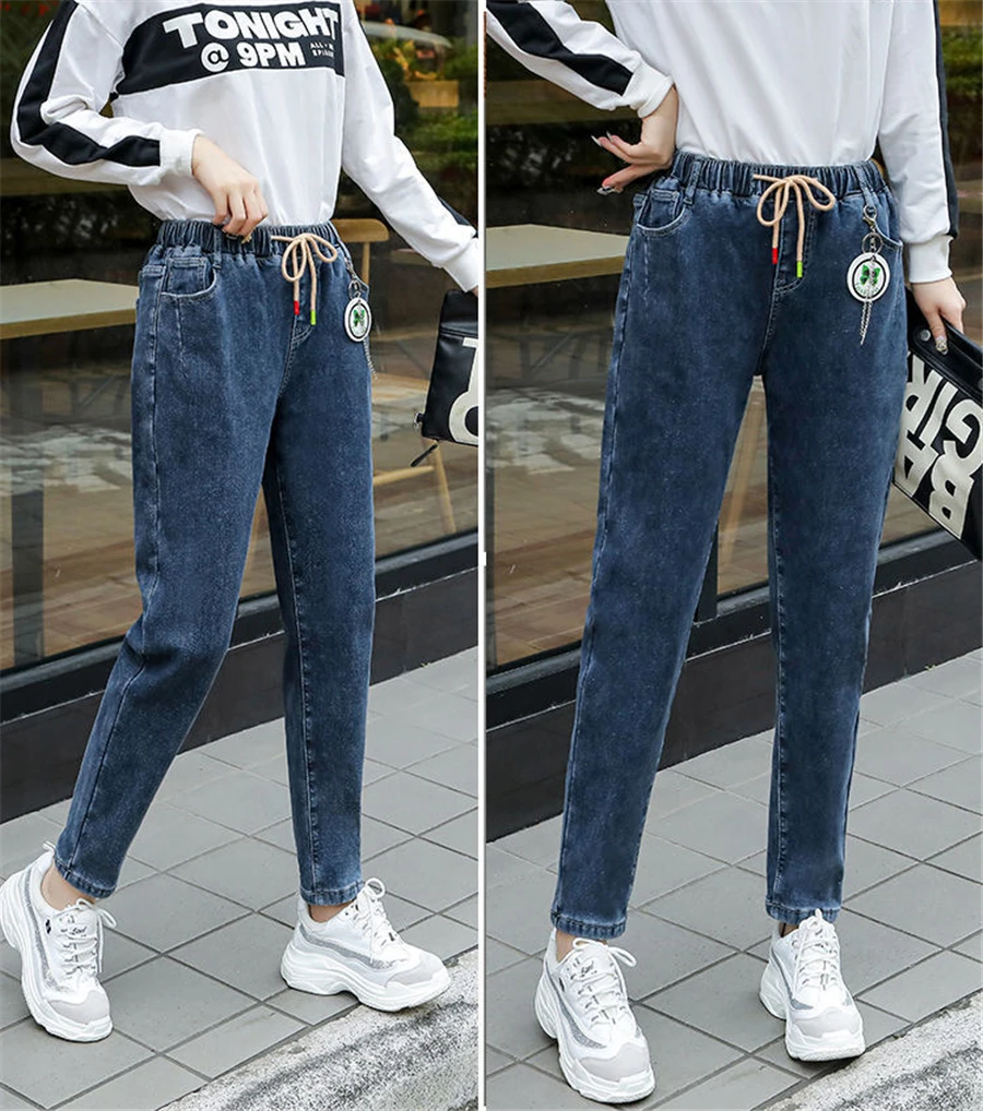 Winter Baggy Warm Fleece Lined Jeans Women Vintage Lace Up Harem Denim Pants Ankle-length Vaqueros Thicken Kot Pantalones New