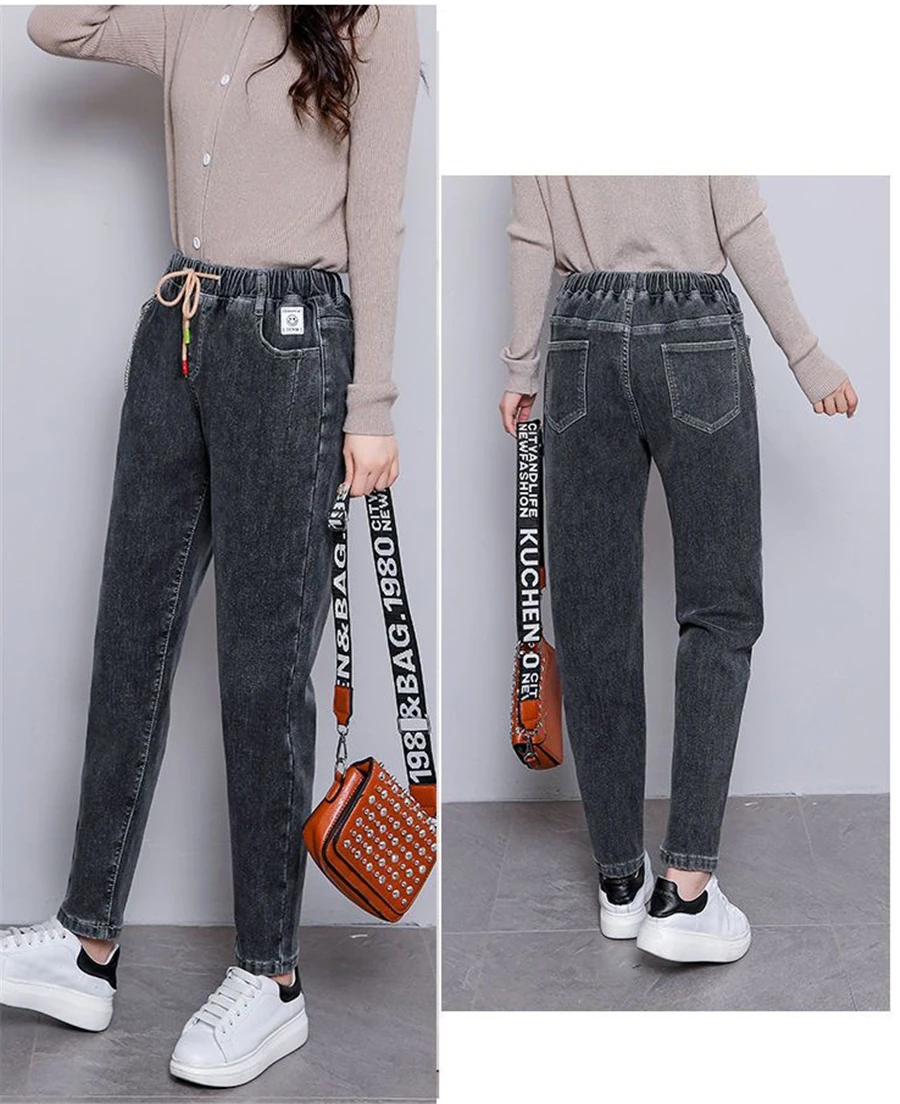 Winter Baggy Warm Fleece Lined Jeans Women Vintage Lace Up Harem Denim Pants Ankle-length Vaqueros Thicken Kot Pantalones New