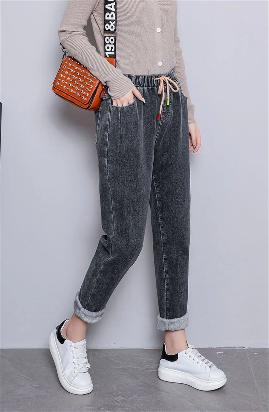 Winter Baggy Warm Fleece Lined Jeans Women Vintage Lace Up Harem Denim Pants Ankle-length Vaqueros Thicken Kot Pantalones New
