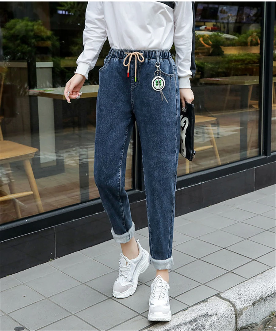 Winter Baggy Warm Fleece Lined Jeans Women Vintage Lace Up Harem Denim Pants Ankle-length Vaqueros Thicken Kot Pantalones New