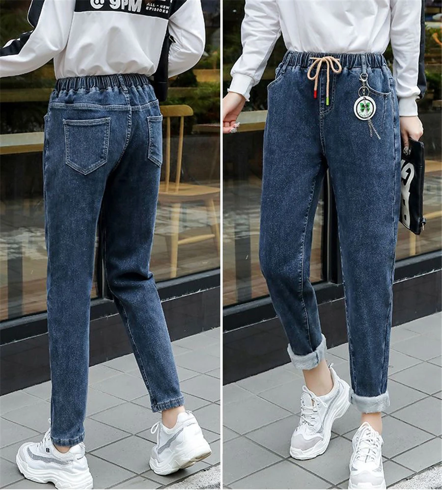 Winter Baggy Warm Fleece Lined Jeans Women Vintage Lace Up Harem Denim Pants Ankle-length Vaqueros Thicken Kot Pantalones New