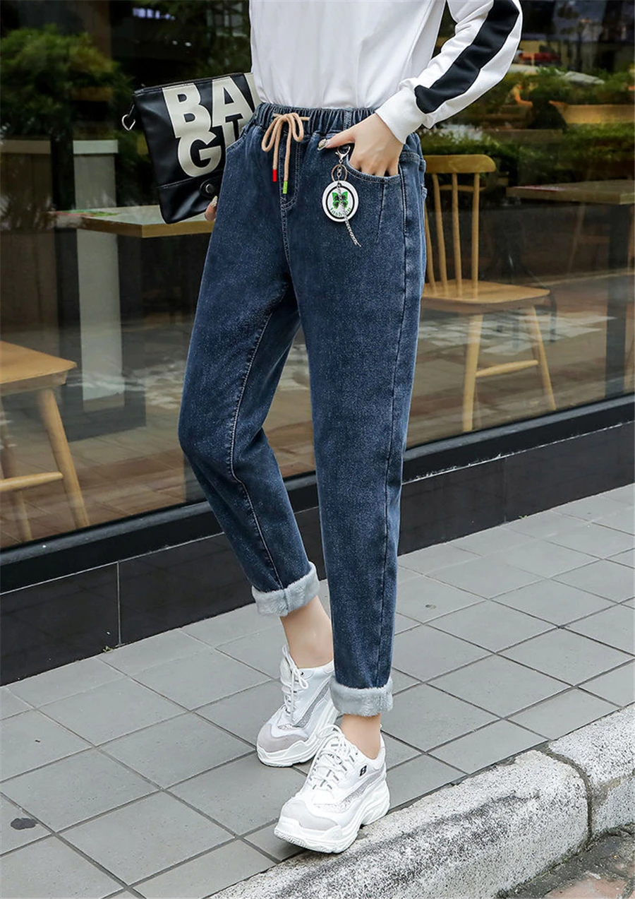 Winter Baggy Warm Fleece Lined Jeans Women Vintage Lace Up Harem Denim Pants Ankle-length Vaqueros Thicken Kot Pantalones New