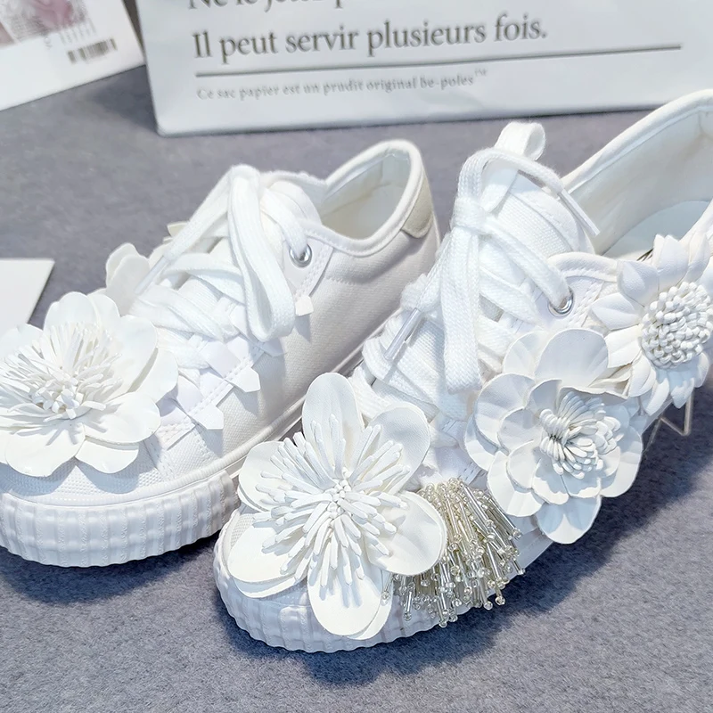 Autumn Women Casual Shoes Girl's Spring White Shoes Handmade Creative Flower Canvas Sneakers Flats Breathable Outdoors Footwear