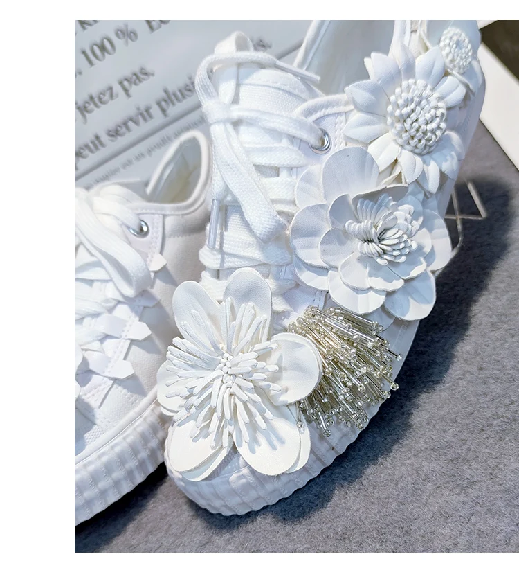 Autumn Women Casual Shoes Girl's Spring White Shoes Handmade Creative Flower Canvas Sneakers Flats Breathable Outdoors Footwear