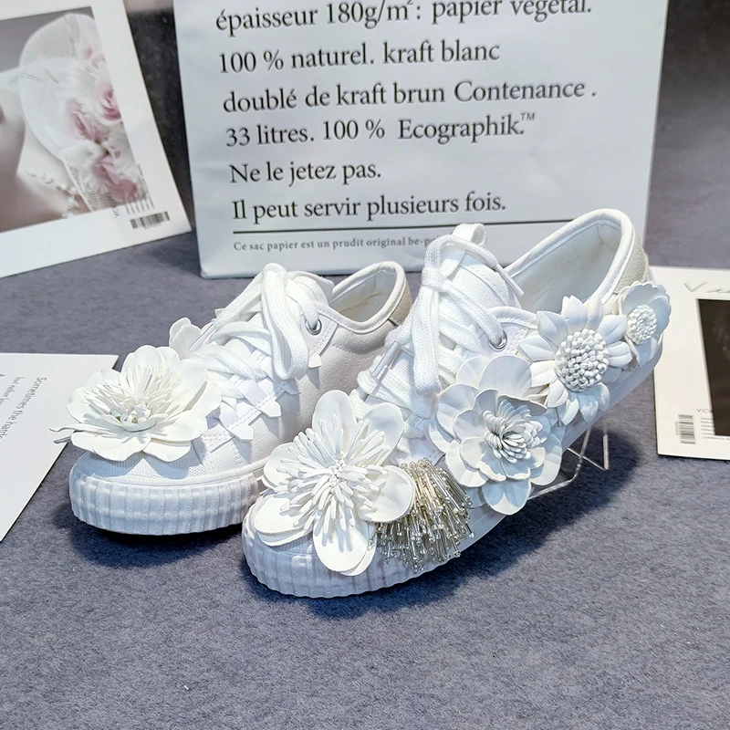 Autumn Women Casual Shoes Girl's Spring White Shoes Handmade Creative Flower Canvas Sneakers Flats Breathable Outdoors Footwear