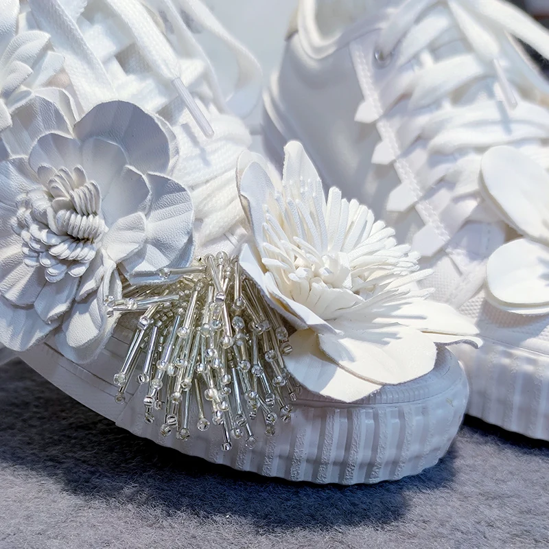 Autumn Women Casual Shoes Girl's Spring White Shoes Handmade Creative Flower Canvas Sneakers Flats Breathable Outdoors Footwear