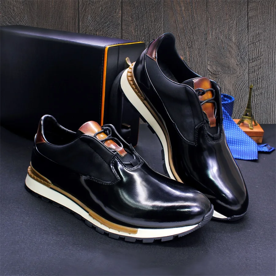 Men's Genuine Leather Casual Shoes Thick Sole Glossy Lace Up Comfortable Handmade Sneakers Dating Marriage Street Men's Shoes