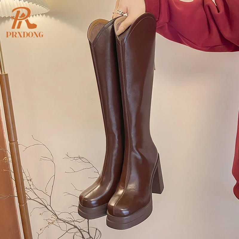 INS New 2023 Autumn Winter Warm Genuine Leather High Heels Platform Black Beige Dress Office Female Knee High Boots Size 34-40