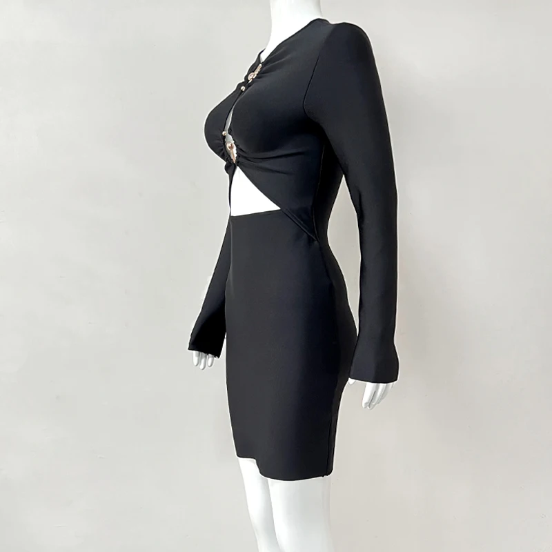 Wholesale Women's Black Hollow Long Sleeve Tight Mini Sexy Evening Celebrity Cocktail Party Bandag Dress