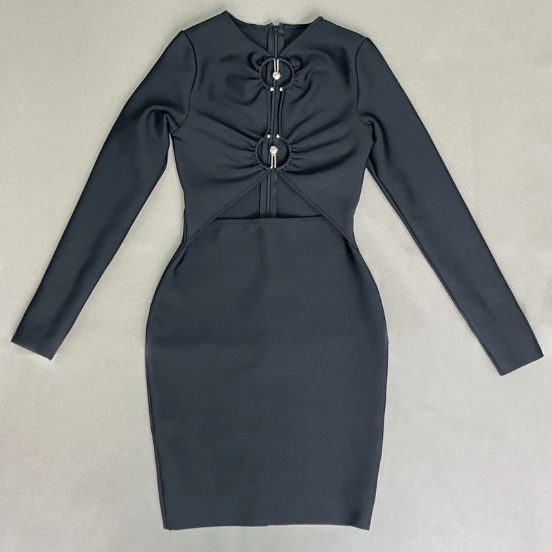 Wholesale Women's Black Hollow Long Sleeve Tight Mini Sexy Evening Celebrity Cocktail Party Bandag Dress
